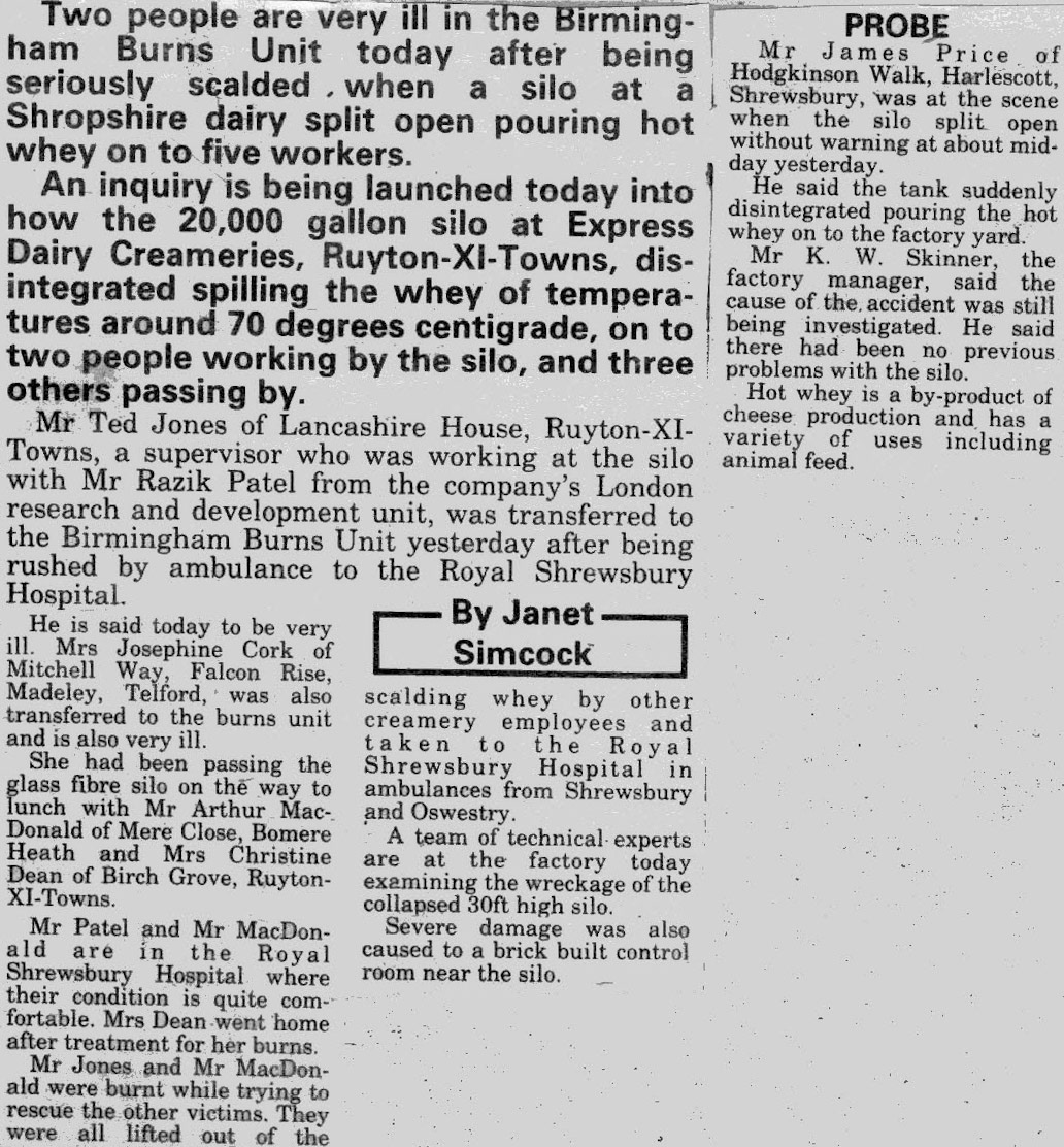 1979 Ruyton Creamery - Serious accident when whey silo split open, and staff received serious burns. (Courtesy Yoland Brown, Yoland@eleventowns.co.uk, www.eleventowns.uk/history.html)
