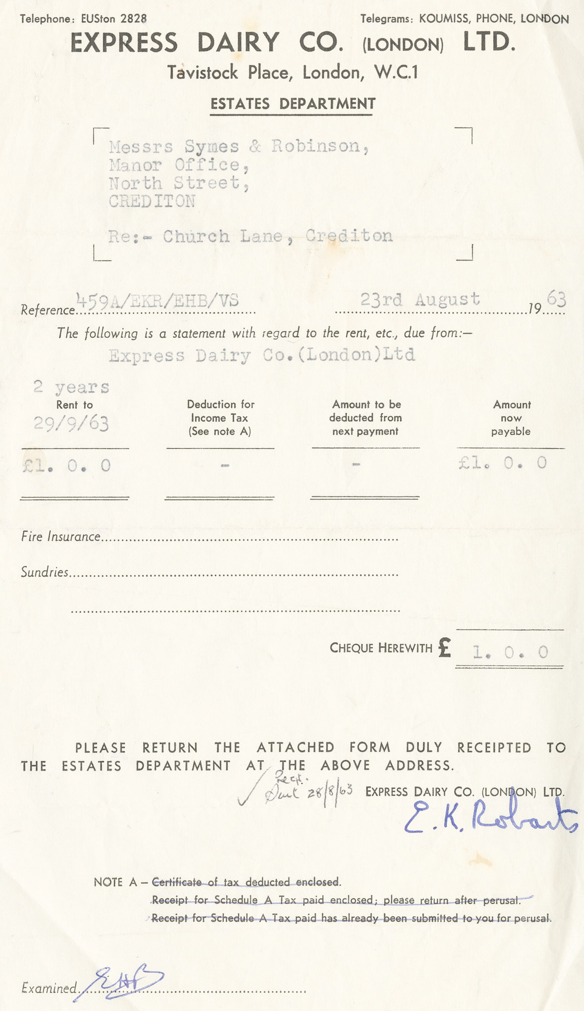 1963 Annual Rent Payment £1/ 2 years (Courtesy Crediton Museum)