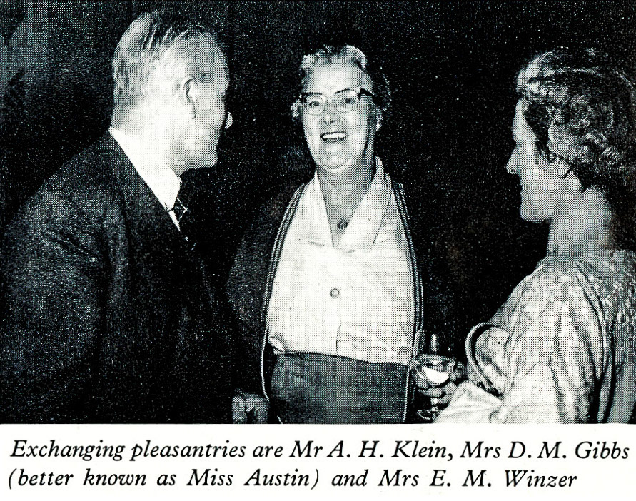 1961 Long Service Dinner at The Connaught Rooms, WC2-Mr A.H. Klein (Sanderstead), Mrs D.M. Gibbs [nee Miss Austin] (Vicarage Farm-Kentish Town) and Mrs E.M. Winzer (Vicarage Farm-Kentish Town). (LSA Annual Review)
