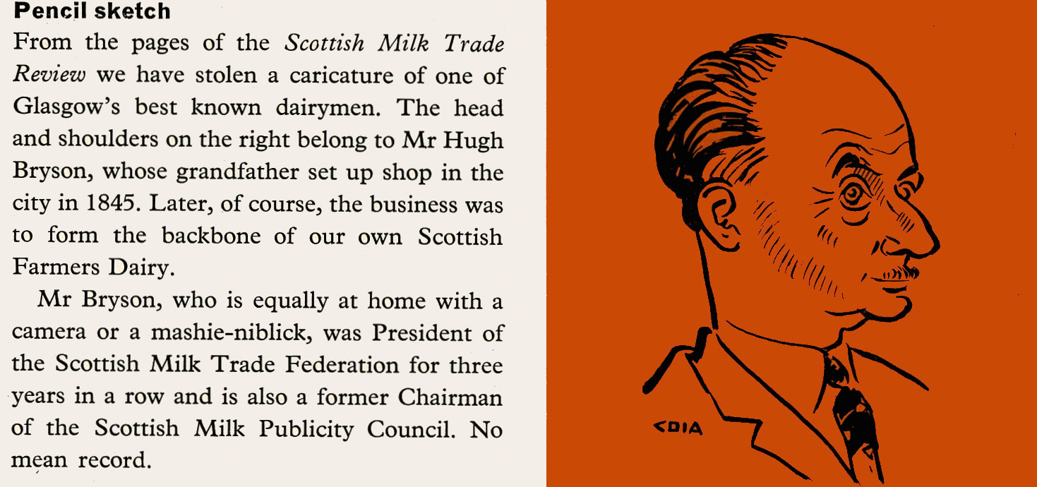 1965 Sketch of one of Glasgow's best known dairymen-Mr Hugh Bryson, whose grandfather set up shop in the city in 1845. Later, the business formed the backbone of our Scottish Farmers Dairy. (Express News Summer/Autumn)