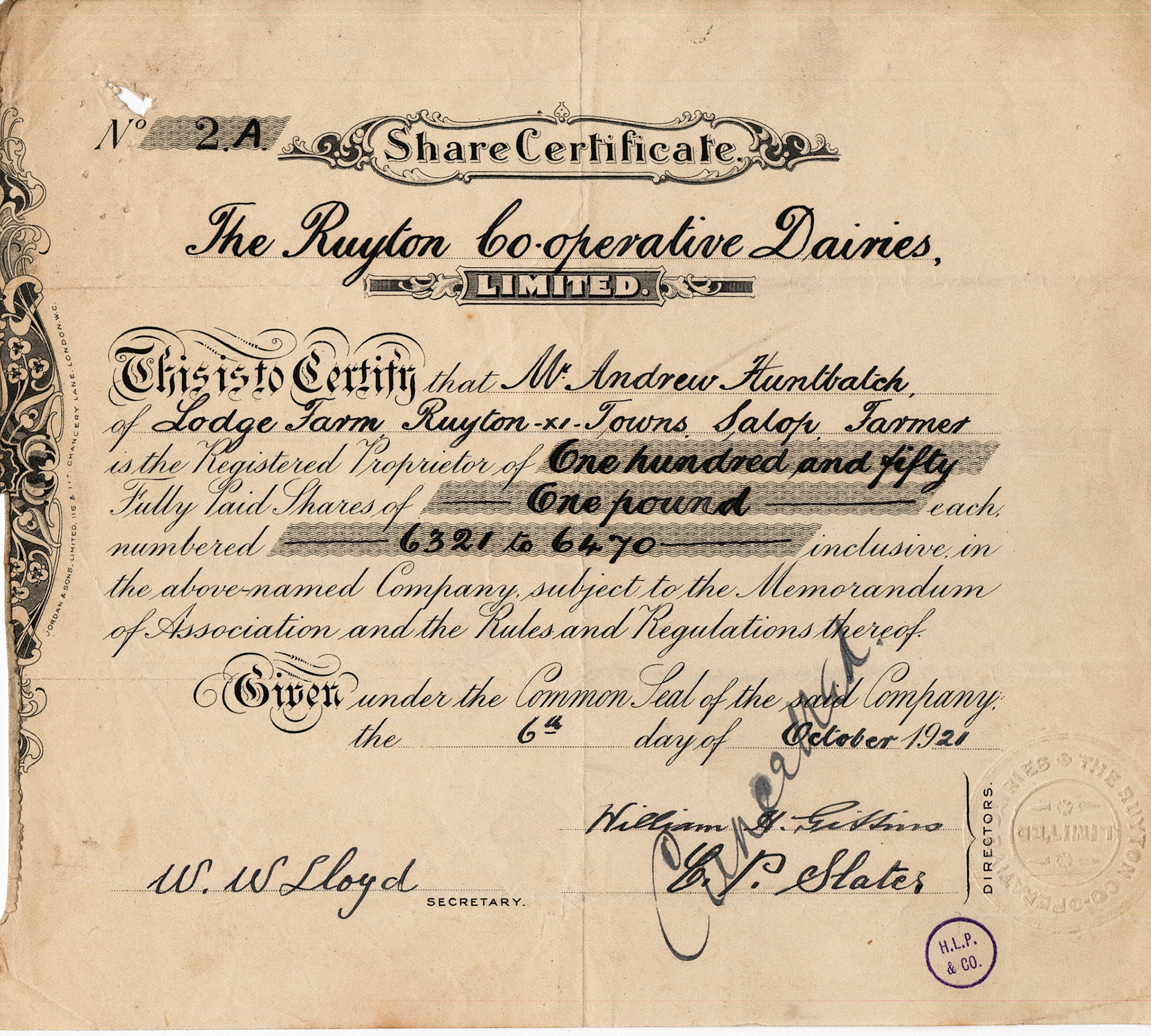 1921 Share Certificate-Mr Andrew Huntbatch