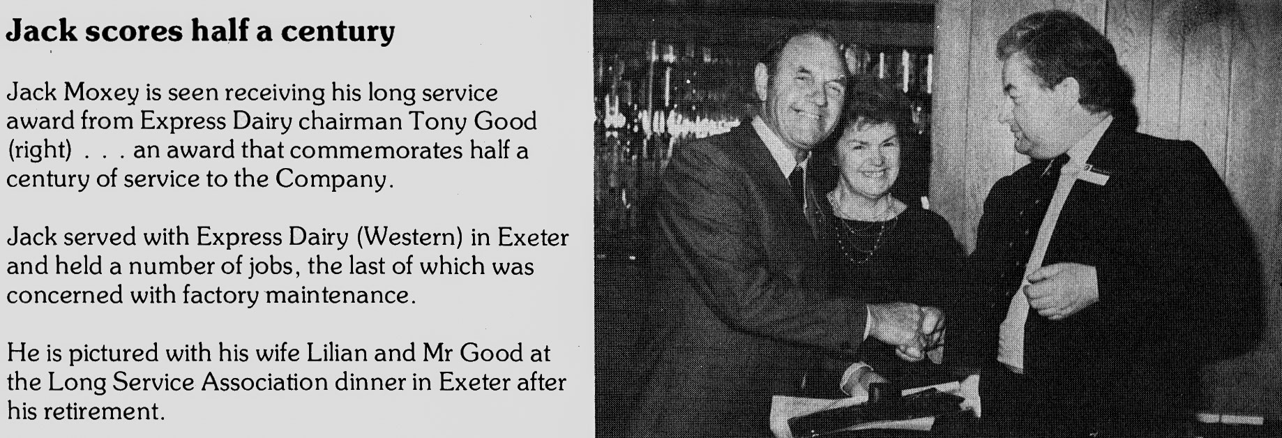 1982 Jack Moxey and his wife Liliian receive a 50 year long service award from Tony Good. (Express News Summer)