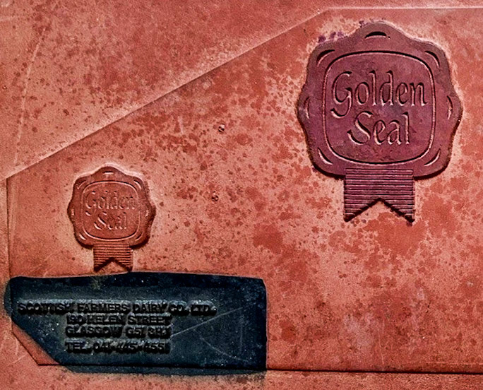 1966c Golden Seal Rubber Printing Plate - enlarged and reversed. The 041 dialling code came into use for Glasgow in 1966 and continued until 1995. The inscription reads "SCOTTISH FARMERS DAIRY CO. LTD, 190 HELEN STREET, GLASGOW, G51 3NZ TEL: 041-445-455" (Courtesy itawtisawapuddytat, eBay)