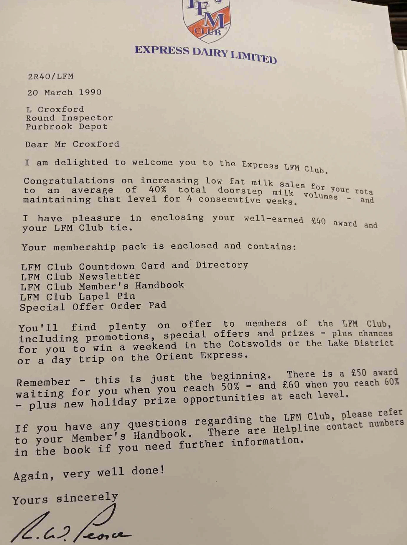 1990, Low Fat Milk Club letter (Courtesy Leslie Croxford)