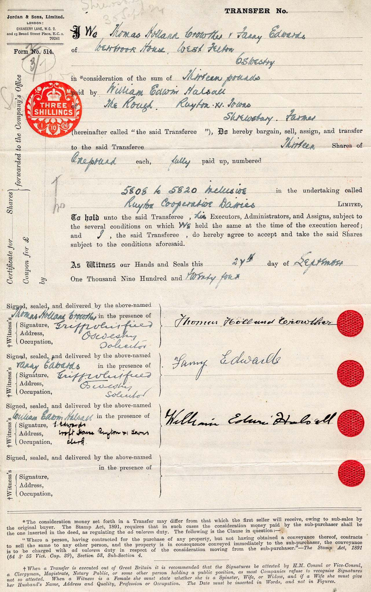 1924-Thomas Holland Crowther &amp; Fanny Edwards-Share Transfer Form