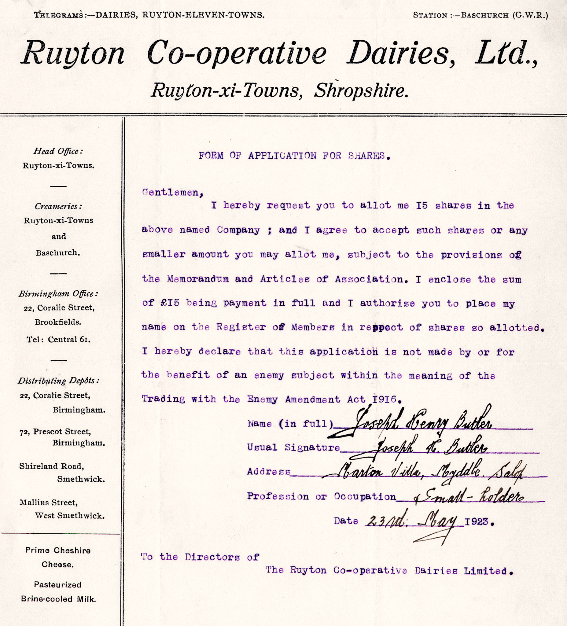 1923 Share Application from Joseph Henry Butler, Marton Villa, Myddle, Salop
