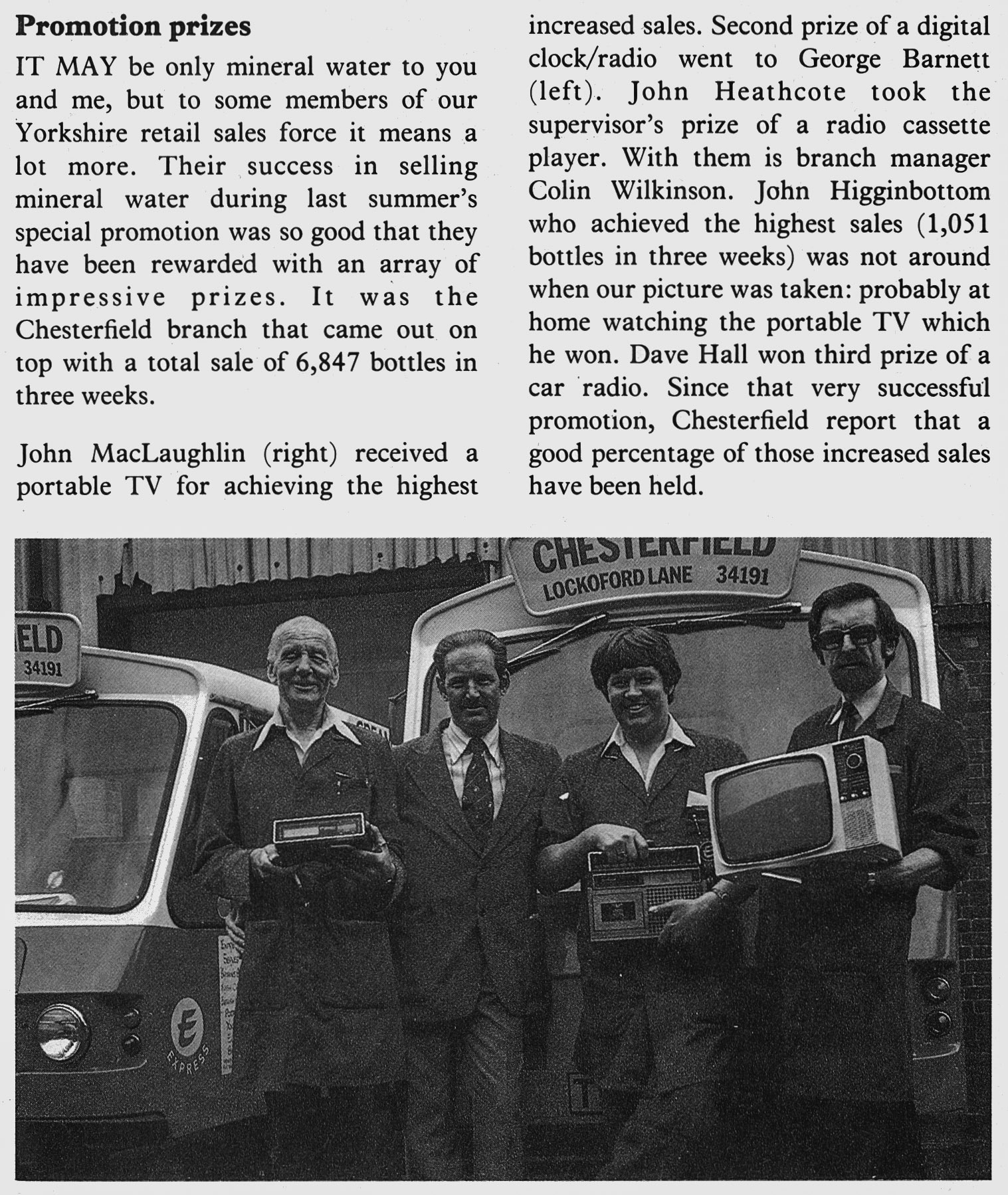 1980 Chesterfield Depot wins mineral water sales promotion. John MacLaughlin (right), George Barnett (left) with Colin Wilkinson and John Heathcote. (January Express News)