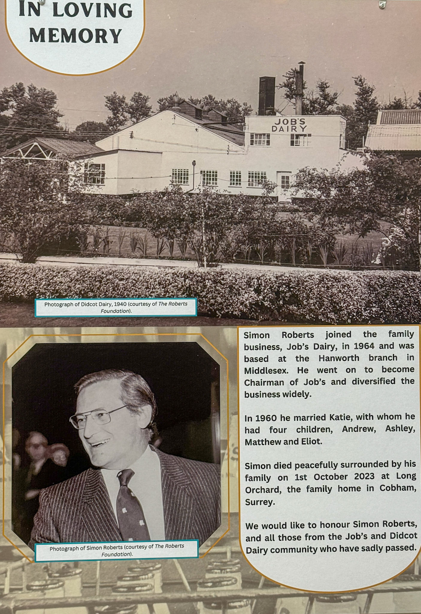 2023 Simon Roberts, Job's Chairman died after joining the Company in 1964.(Didcot Dairy Exhibition 2024, Cornerstone Arts Centre)