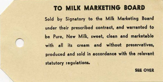 1960's Blank milk churn label. Fields include: gallons in this churn, total gallons, number of churns, address. Guarantee of "sweet, clean and marketable" Channel Islands milk on the back. (Courtesy Peoples Collection Wales - Michael Morgan)