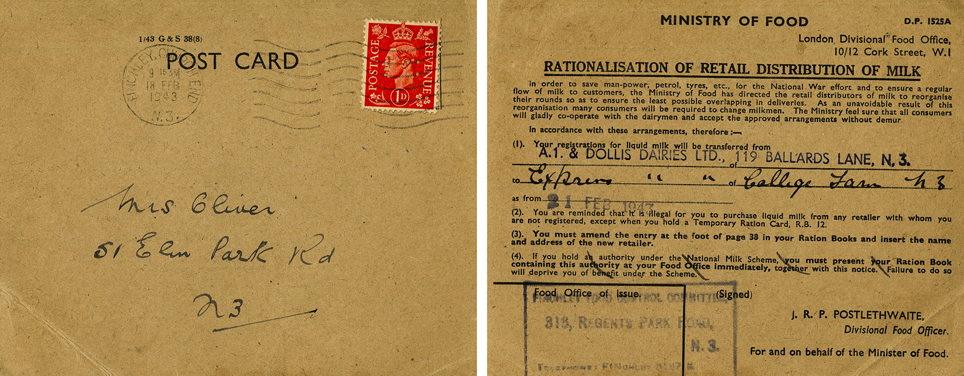 1943 Ministry of Food Post Card, wartime round rationalisation between A1 Dairies and College Farm (Courtesy Paul Smith)