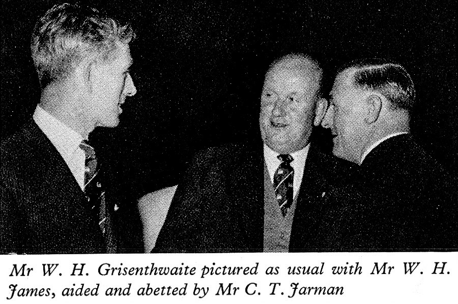 1961 Long Service Dinner at The Connaught Rooms, WC2-Mr W.H. 'Bill' Grisenthwaite (Chief Office), Mr W.H. 'Jimmy' James (Cricklewood), and Mr C.T. Jarman (Cricklewood). (LSA Annual Review)