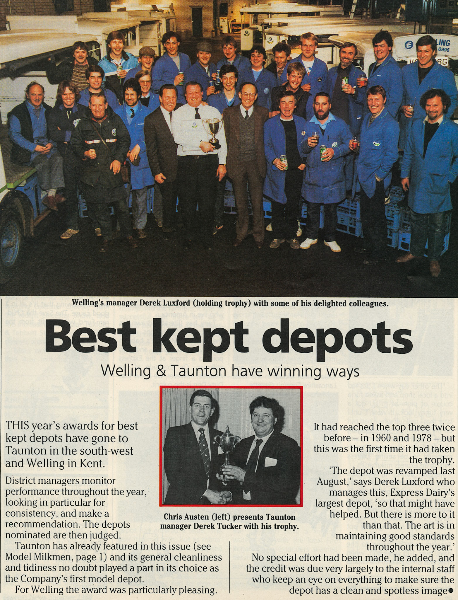 1986 Welling, Kent and Taunton are the Best Kept Depot, with Derek Luxford holding the trophy and Chris Austen presenting manager Derek Tucker with the trophy. Christine Bolan comments "That's my lovely dad Duncan Bell in the suit" and Robin Fraser Bell adds"my dad in the middle with the suit on."