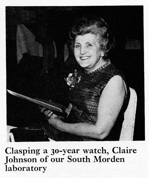 1973 Claire Johnson of South Morden laboratory after 30 years service