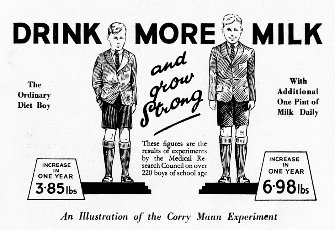 1954 Corry Mann Experiment results. Harold Corry Mann was employed by the Medical Research Council, organised this study, which was published in 1926 'Diets for boys during the school age' The study involved groups of boys aged between 6 and 12 years of age, for periods up to three years. They lived in Barnardo’s “colony of boys” at Woodford, Essex, which provided full-time care for those in need. The colony was a self-contained “model village”, with its own school, hospital, farm, swimming pool, bakery and disinfecting plant. The 500 to 600 resident boys lived in houses, each of which had about 30 residents.They ate their meals communally in a large dining hall, although, when outbreaks of infectious disease occurred, houses could be isolated and managed individually by house-matrons using their own kitchens. Boys were selected for the experiment according to age (7 to 11) and weight (45 to 65 lbs), but were excluded if they were “of colour or of foreign, Latin, Scandinavian, or Hebrew type..”, or if they had obvious disease. The boys were “rated” on height and weight according to a scale of “A1 to B3”. (Express Salesman's Manual Fourth Edition)