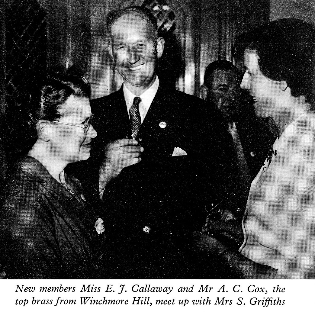 1961 Long Service Dinner at The Connaught Rooms, WC2-Miss E.J. Callaway (Winchmore Hill), Mr A.C. Cox (Winchmore Hill), Mrs S. Griffiths (Chief Office). (LSA Annual Review)