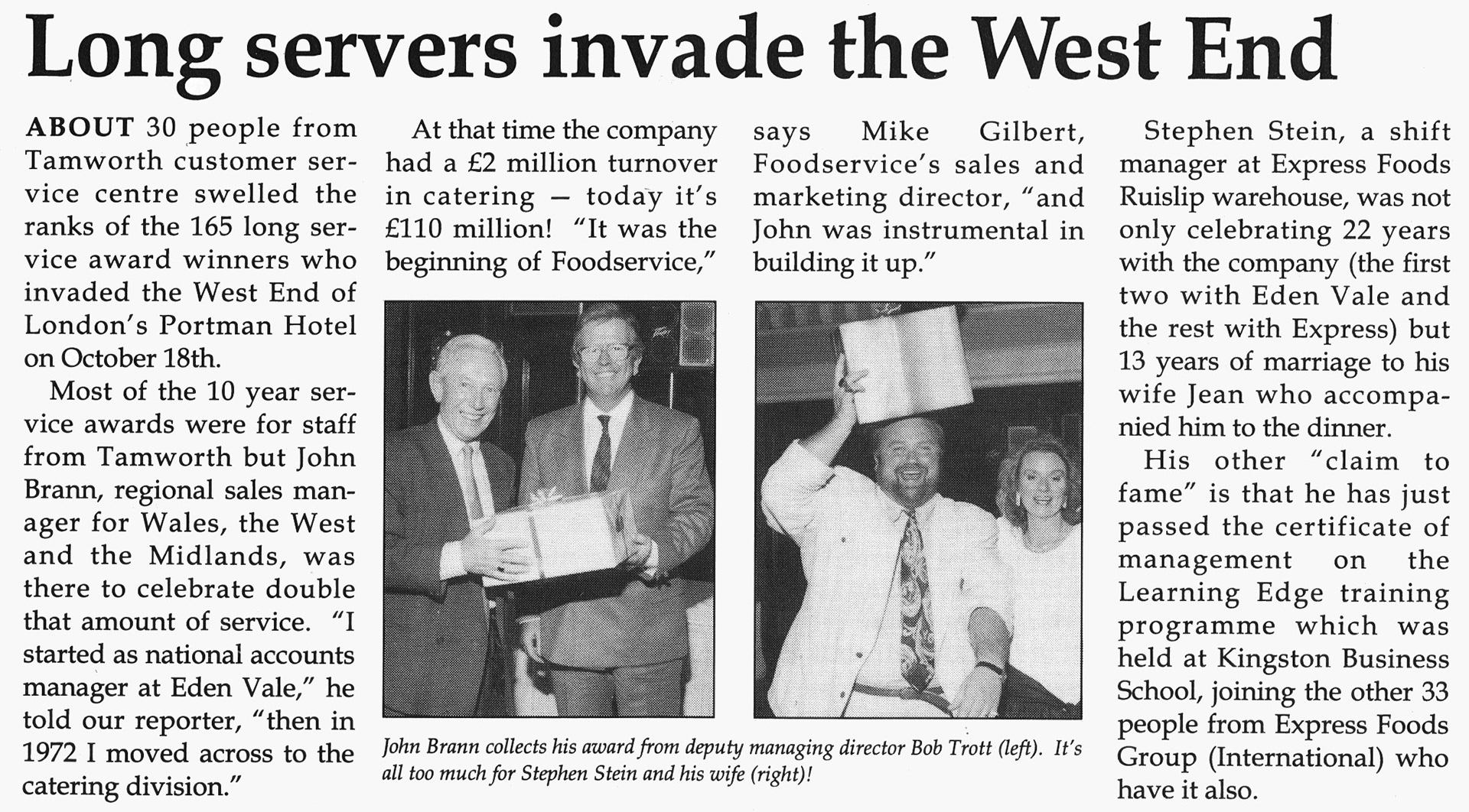 1991Tamworth Depot Long Service award winners John Brann, Stephen Stein receive awards from Bob Trott. (December Express Foods News)