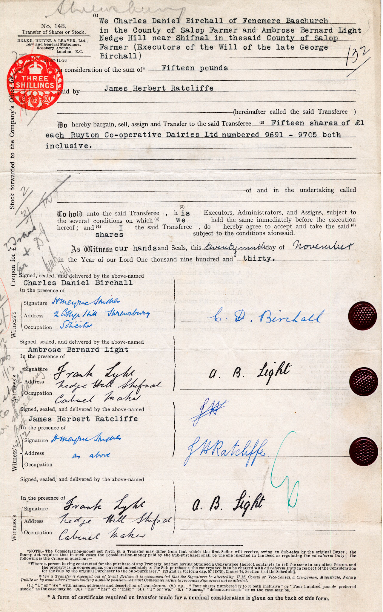1930-Charles Daniel Birchall, Ambrose Bernard Light: “Executors of the will of the late George Birchall”-Share Transfer Form