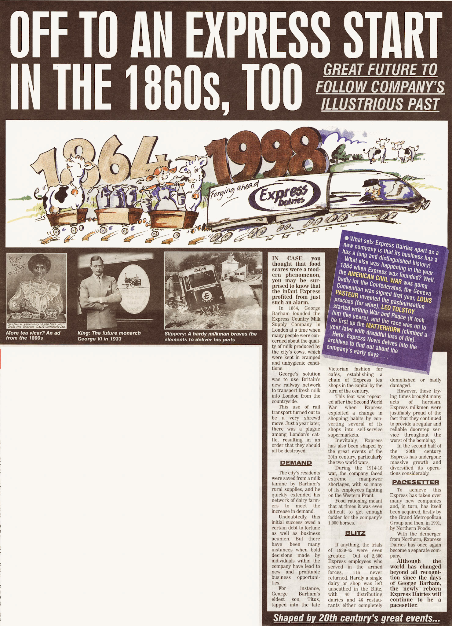 1998 Express history highlights from 1868 to 1998 (March Express News, courtesy Michael Aldread)