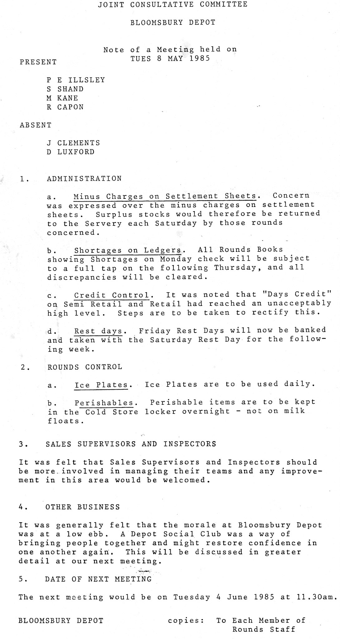 1985 Bloomsbury Depot JCC Minutes. (Courtesy Michael Aldread)