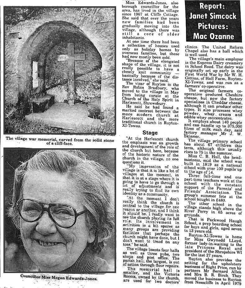1981, Ruyton. Margaret comments "A very interesting article about the village in the Shropshire Star on 15th October. (Courtesy Margaret Lycett, Ruyton Revisited FB Group)