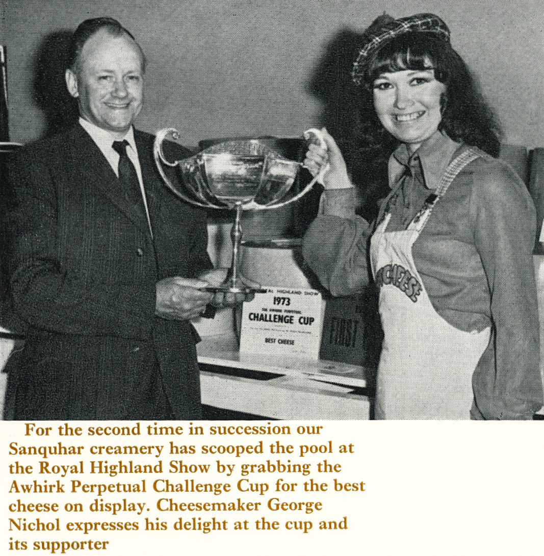 1973 Sanquhar cheesemaker George Nichol receives the Awhirk Challenge Cup at the Royal Highland Show. Bruce Macdonald comments "Lovely man. George went on to be the Head Grader for the Company of Scottish Cheesemakers (name clarified by John Gibson), visiting Priestdykes every week. Always gave us objective and honest feedback. I learned a lot from observing him." (Express News Autumn)