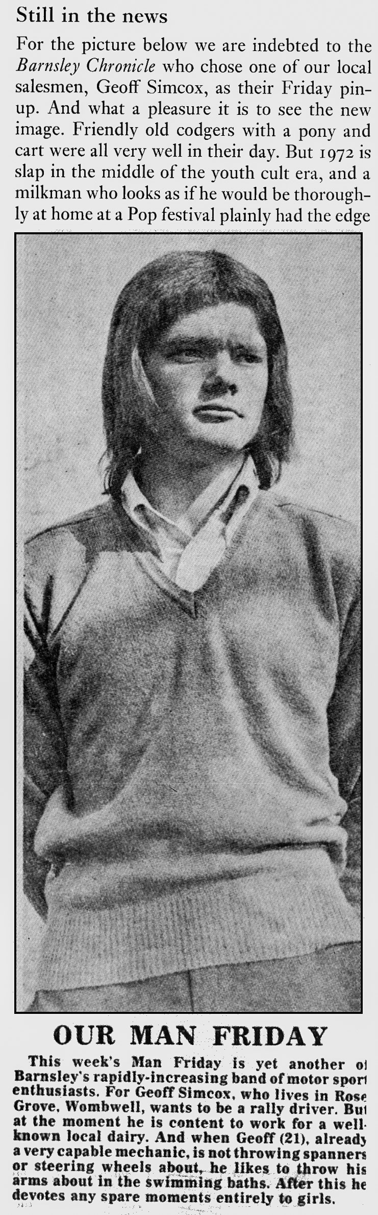 1972 Barnsley milkman Geoff Simcox is a motor sport enthusiast. (Express News Autumn)