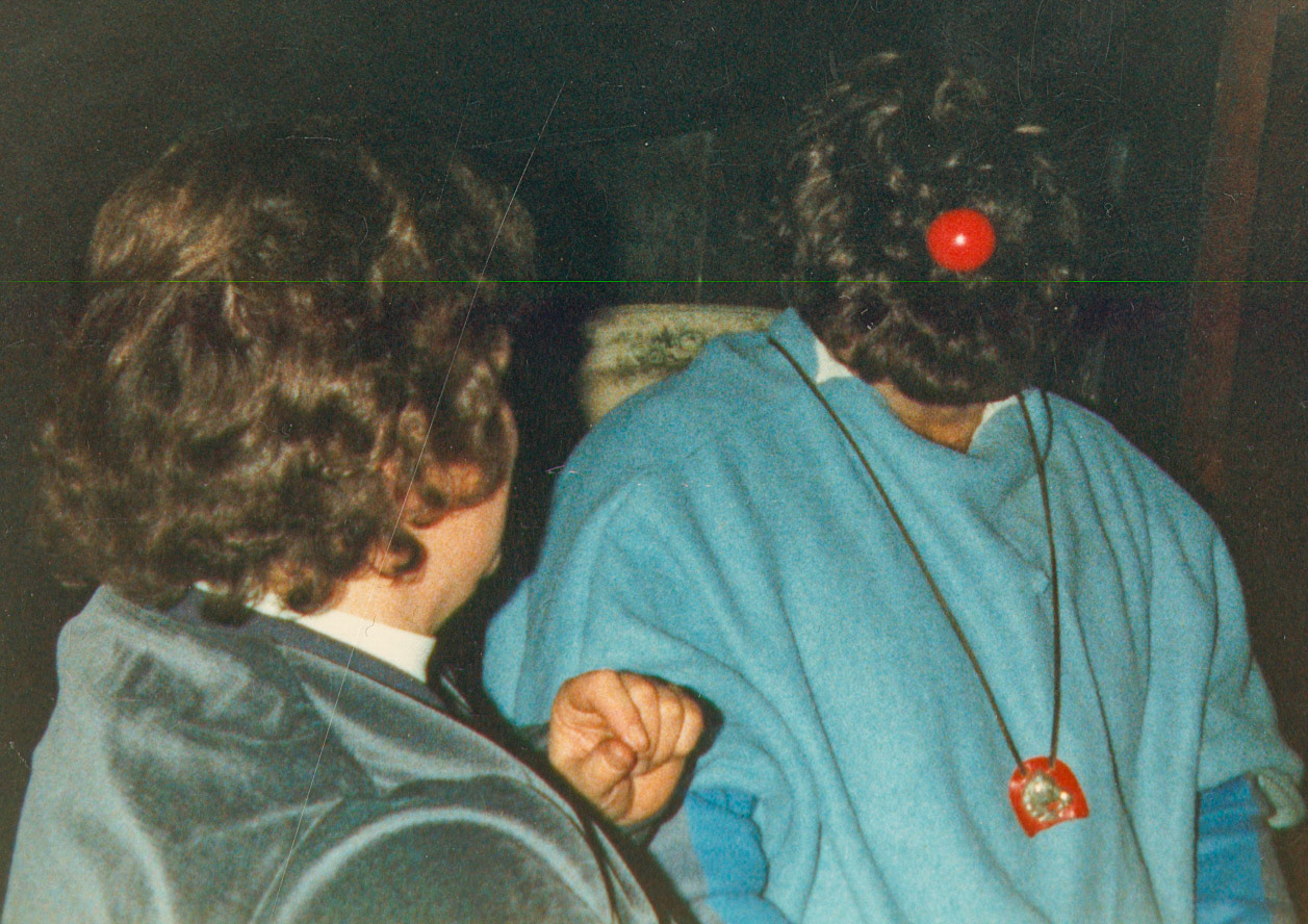 1988 Honiton staff (Ken ?, ?)celebrate the first Red Nose Day, Fountain Head Inn, Branscombe, Devon. (Courtesy Tim Pearce)