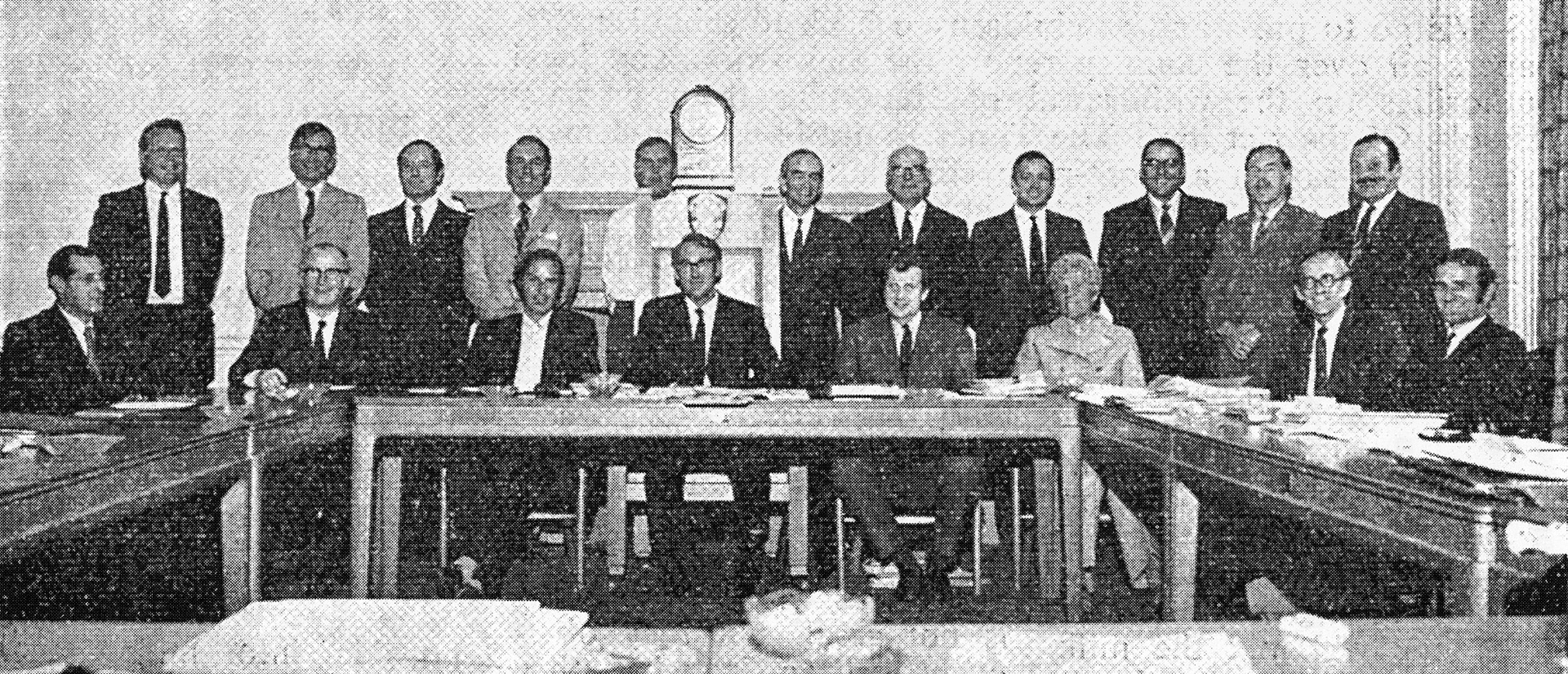 1970's? Dairy Trade Federation Council, with Molly Sale (seated) and Jim Hodges, Express, second from right.(Illustration from Sixty Years in Dairying-Molly Sale)
