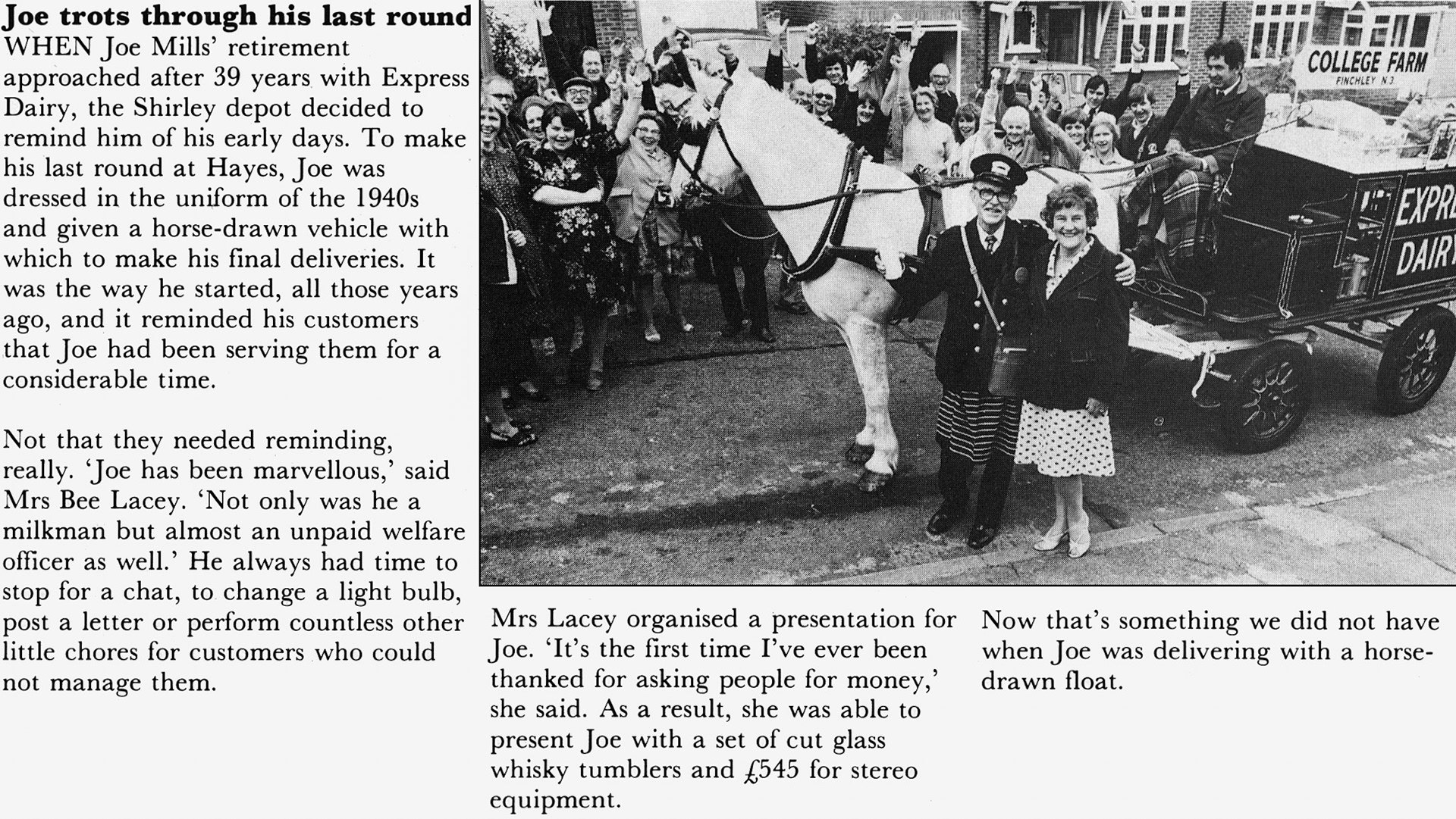 1981 Shirley milkman Joe Mills retires after 39 years. (Express News July)