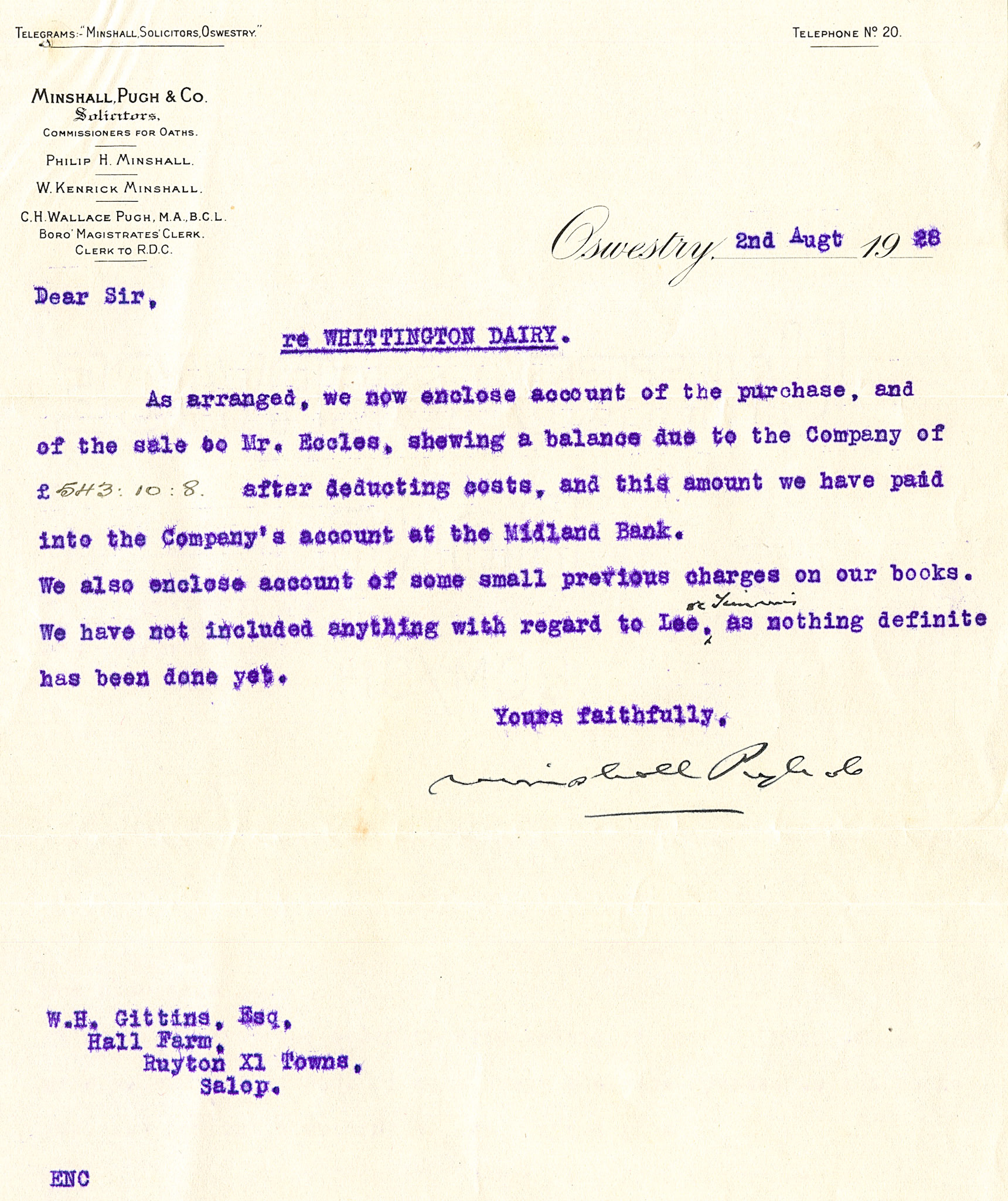 1928 Ruyton Co-operative Dairies-Solicitor's letter and accounts re the purchase of Whittington Creamery.