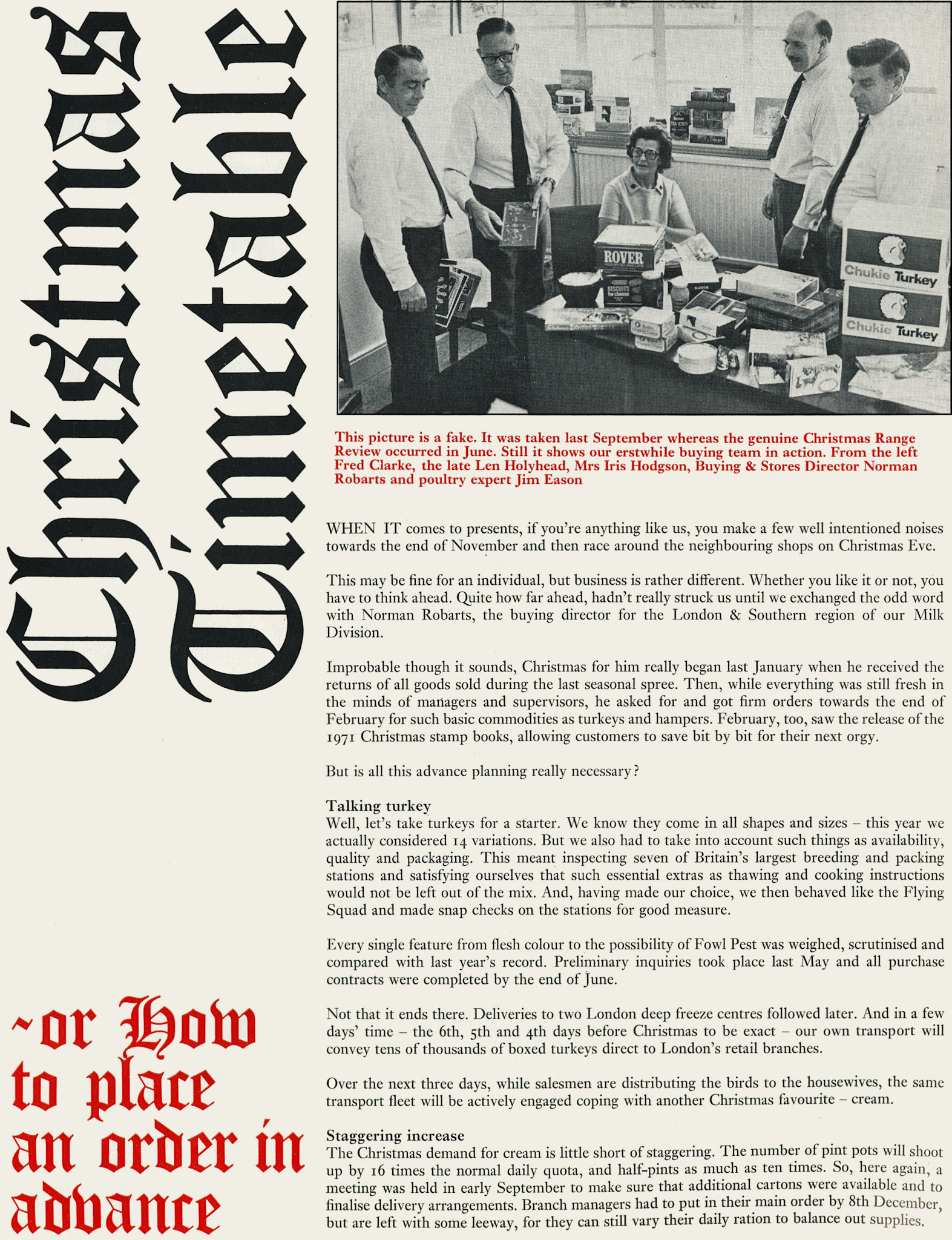 1971 Christmas preparations start early for the Buying Dept, with Fred Clarke, Len Holyhead, Iris Hodgson, Norman Robarts and Jim Eason. (Express News Christmas)