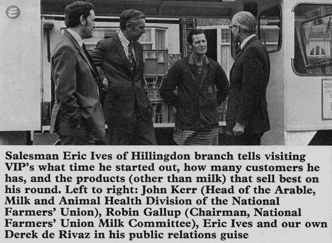 1975 Hillingdon milkman Eric Ives explains his role to NFU representatives, with Derek de Rivaz. (Express News Autumn)