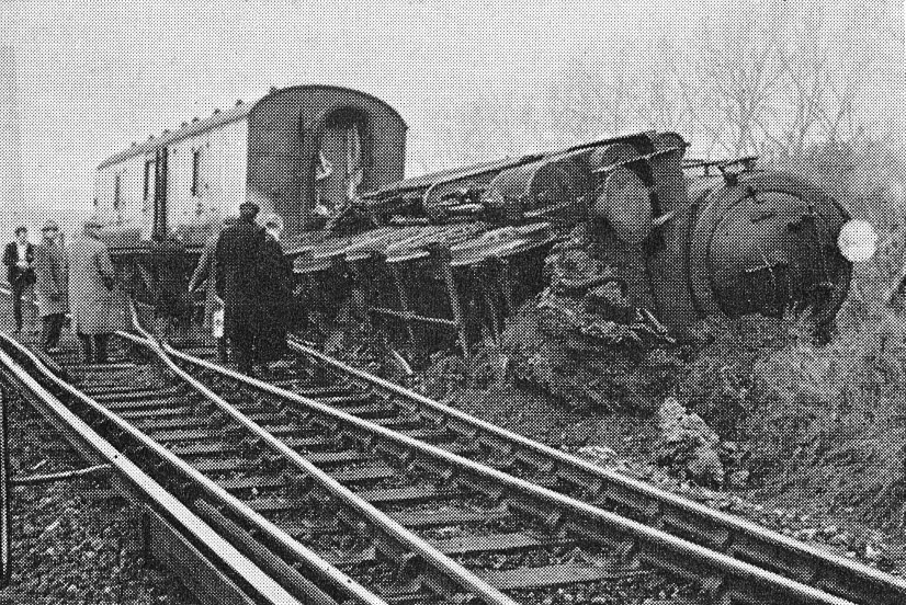 1966 South Morden. Off the rails-the engine was hauling a load of empties, but jumped the points and effectively sealed off the branch siding to South Morden bottling dairy, and prevented a daily 30,000 gallons from getting through. "Fortunately British Rail are used to such mishaps, no one was hurt and the line was cleared for traffc within 48 hours, allowing the milk tanks through again." (Express News Summer)