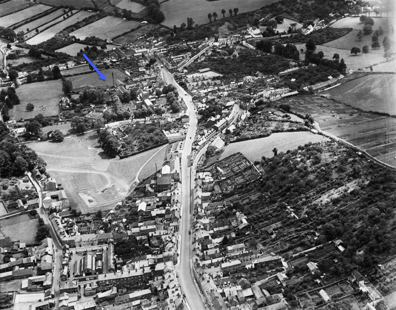 1930, July Aerial view of Crediton showing creamery by church (Courtesy Gary Stanley)