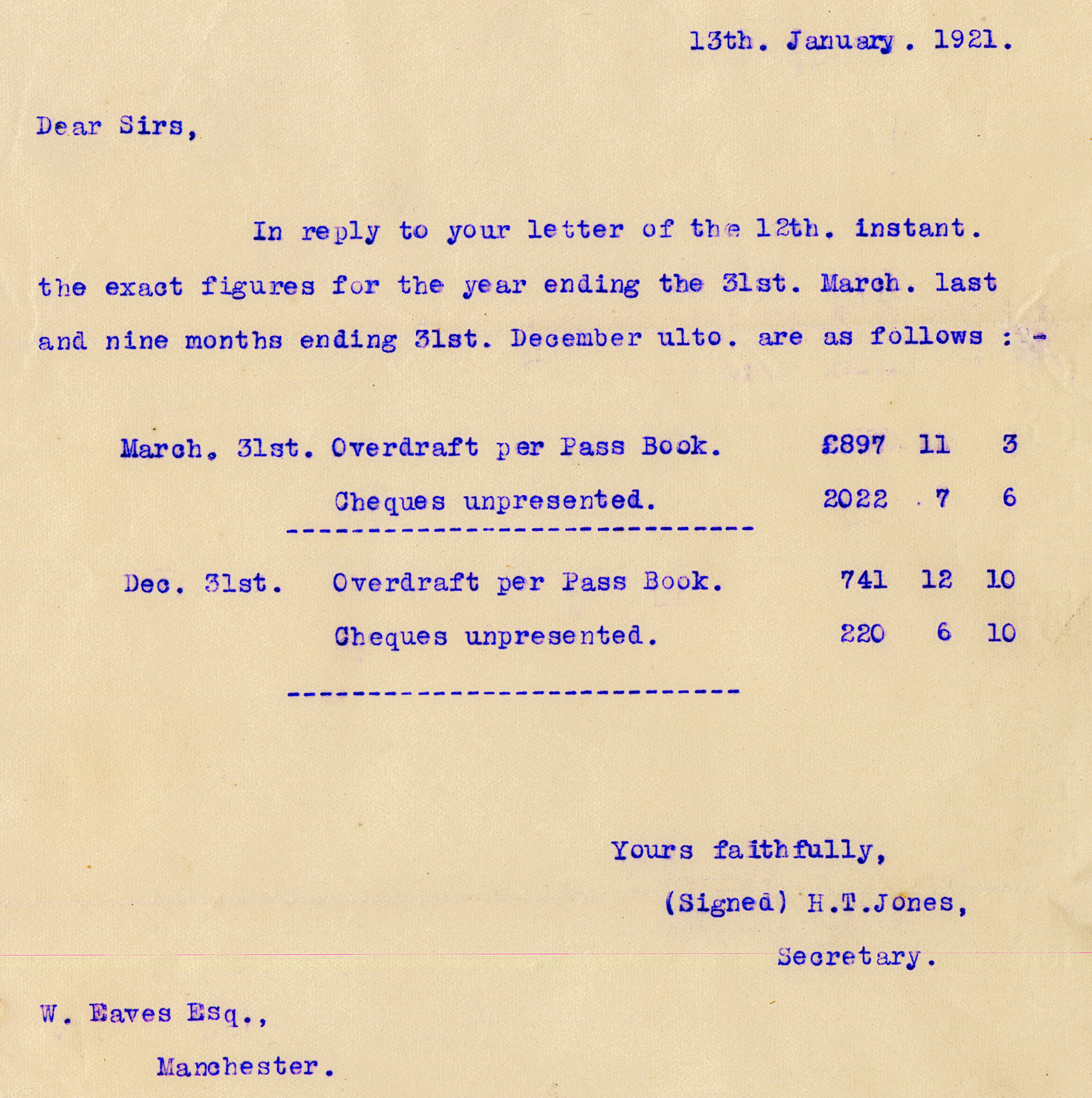 1921 Helsby Creameries Ltd Letter from H.T. Jones, Company Secretary of Helsby Creameries Ltd dated 13-01. (Ruyton Co-operative Dairies Archive)
