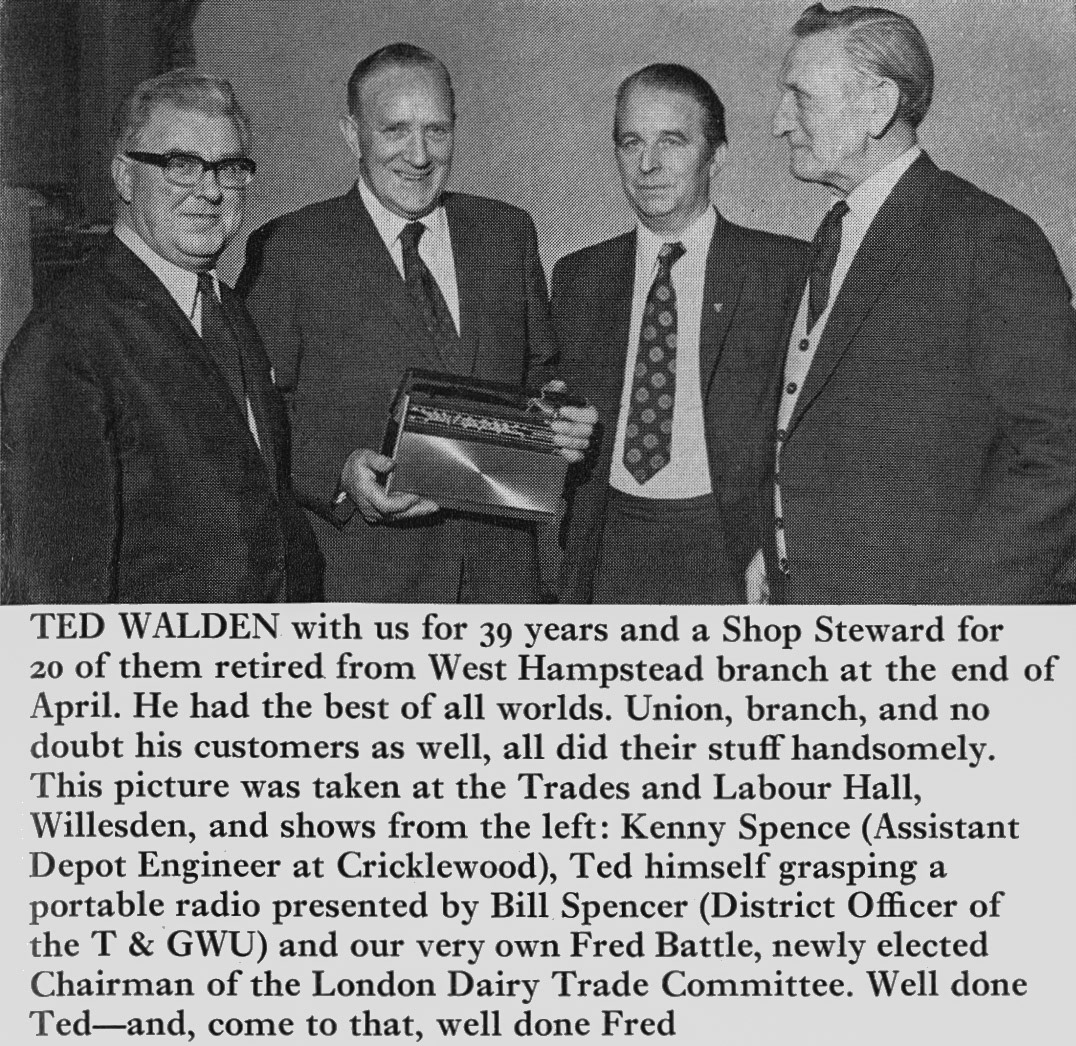 1974 Kenny Spence (Cricklewood Assistant Depot Engineer), Ted Walden (West Hampstead Shop Steward), Bill Spencer (TGWU) and Fred Battle (Dairy Trade Committee). (Express News Summer)