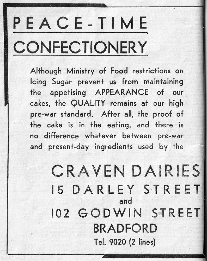 1940 Craven Dairies was purchased by Express in 1952, which included the new dairy which was then being built by Craven Dairies. These trade advertisements were earlier, featuring 15 Darley Street, Bradford and 102 Godwin Street, Bradford (Courtesy Bradford Timeline, Flickr, from Bradford Trade Directory)