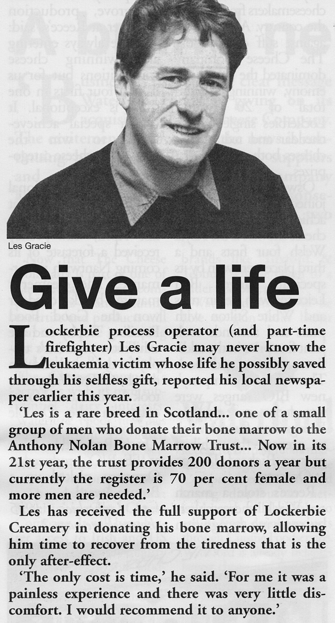 1995 October Les Gracie donates to the Anthony Nolan Bone Marrow Trust-The Cheese Company News