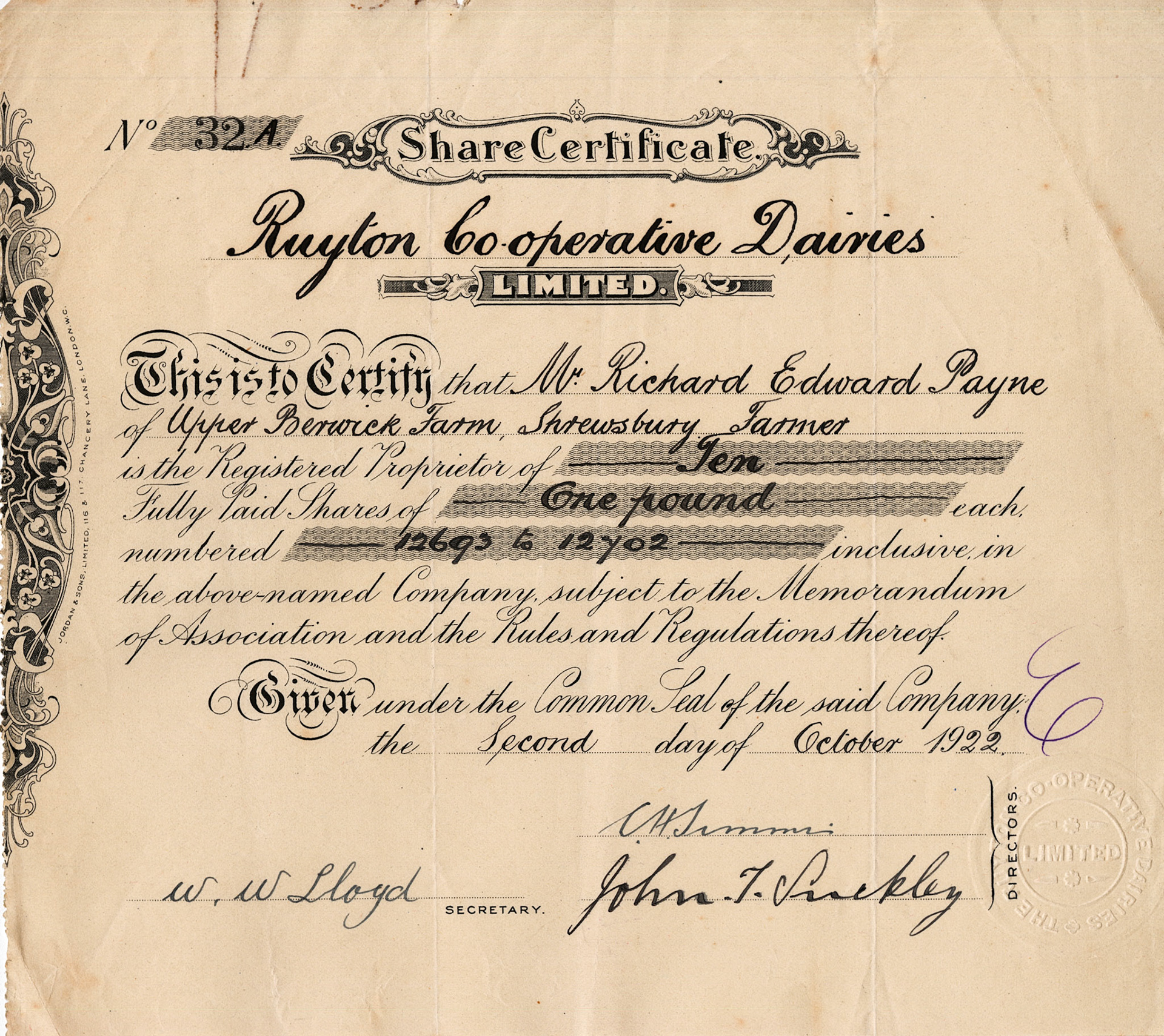 1922 Share Certificate-Mr Richard Edward Payne