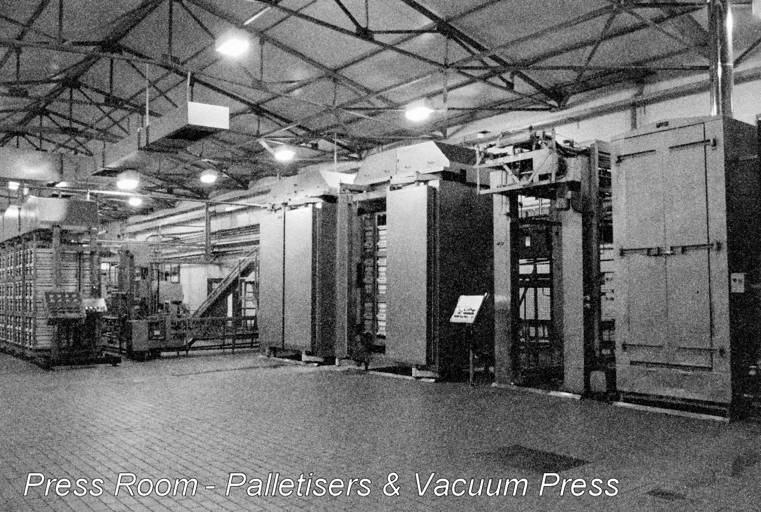 1990's Ruyton Creamery plant - Press Room Palletisers and Vacuum Press, taken by Stephen Graves who worked in the Maintenance Department. (Courtesy Stephen Graves, Ruyton Revisited FB Group)