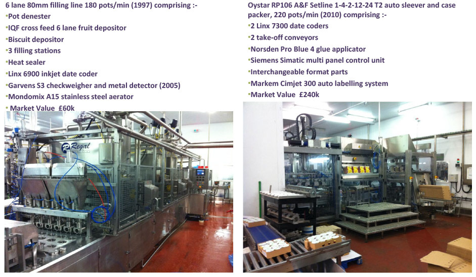 2012 Minsterley: Desserts Filling Equipment-Regal RP106 80mm filling line and auto-packer.  (Greencore Asset Sale on purchase by Muller, Courtesy Paul Bloor)
