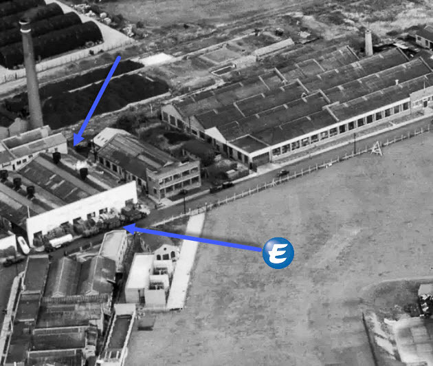 1953-18 July. "The Firestone Tyre and Rubber Co Factory off Great West Road, Brentford" showing location of Express Processing plant, arrowed. (Courtesy Historic England, Aerofilms Collection-EAW050742)