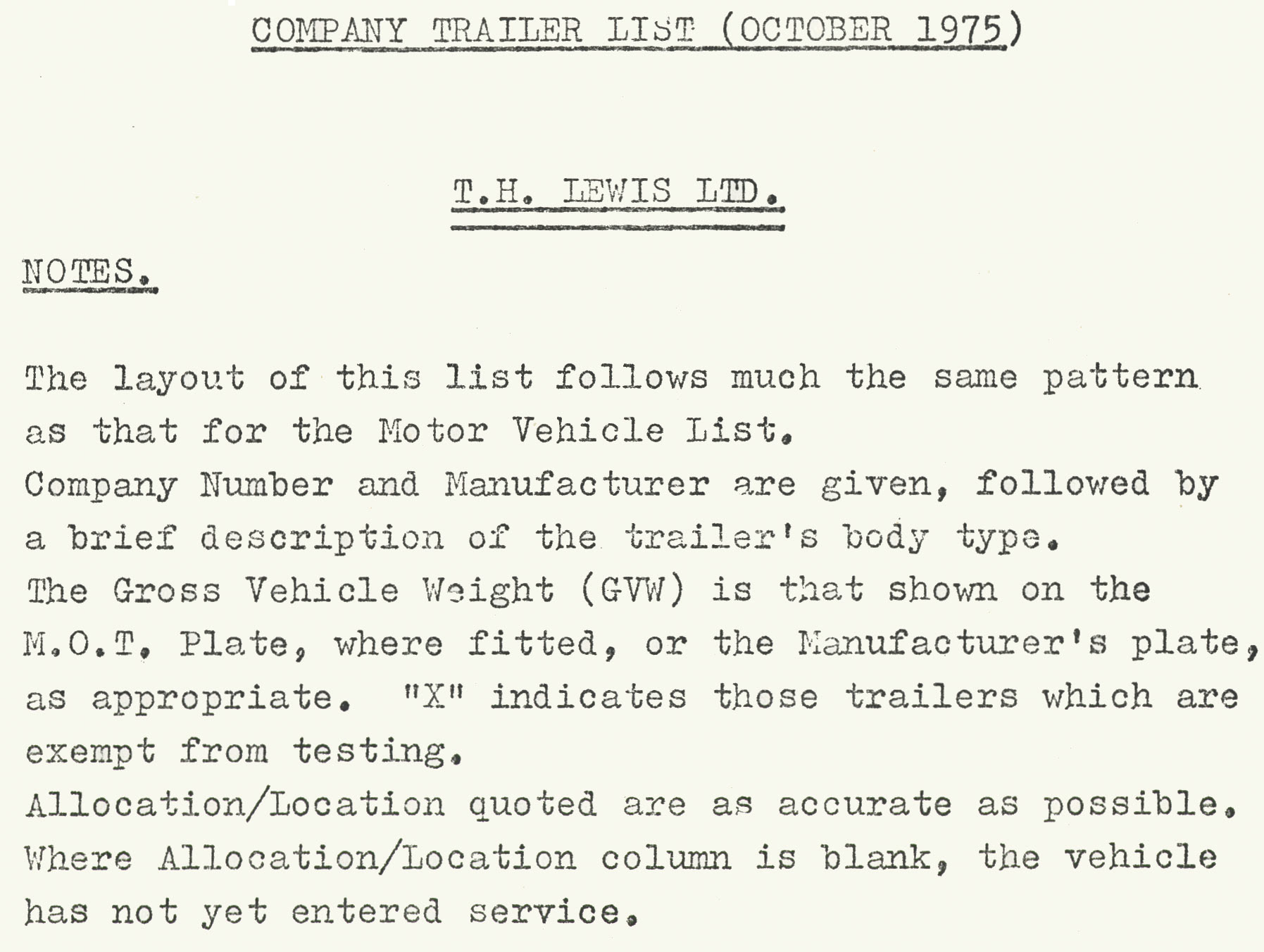 1975 TH Lewis trailer list title page, available as a spreadsheet in Transport-General. (Courtesy Dave Fane)