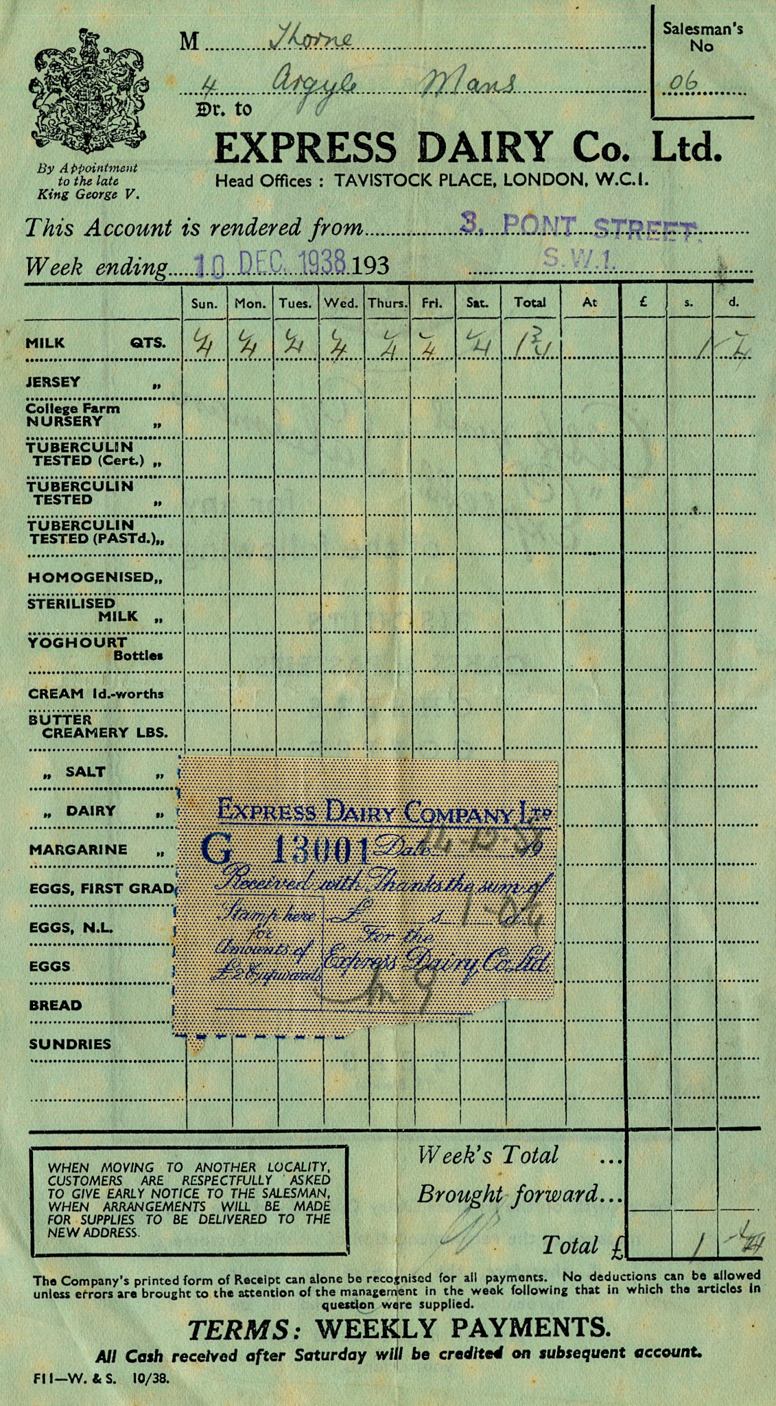 1938 Receipted milk bill for 4 Argyle Mansions, from Chelsea Depot at  3 Pont Street, SW1. (From Express Dairy Tales collection)