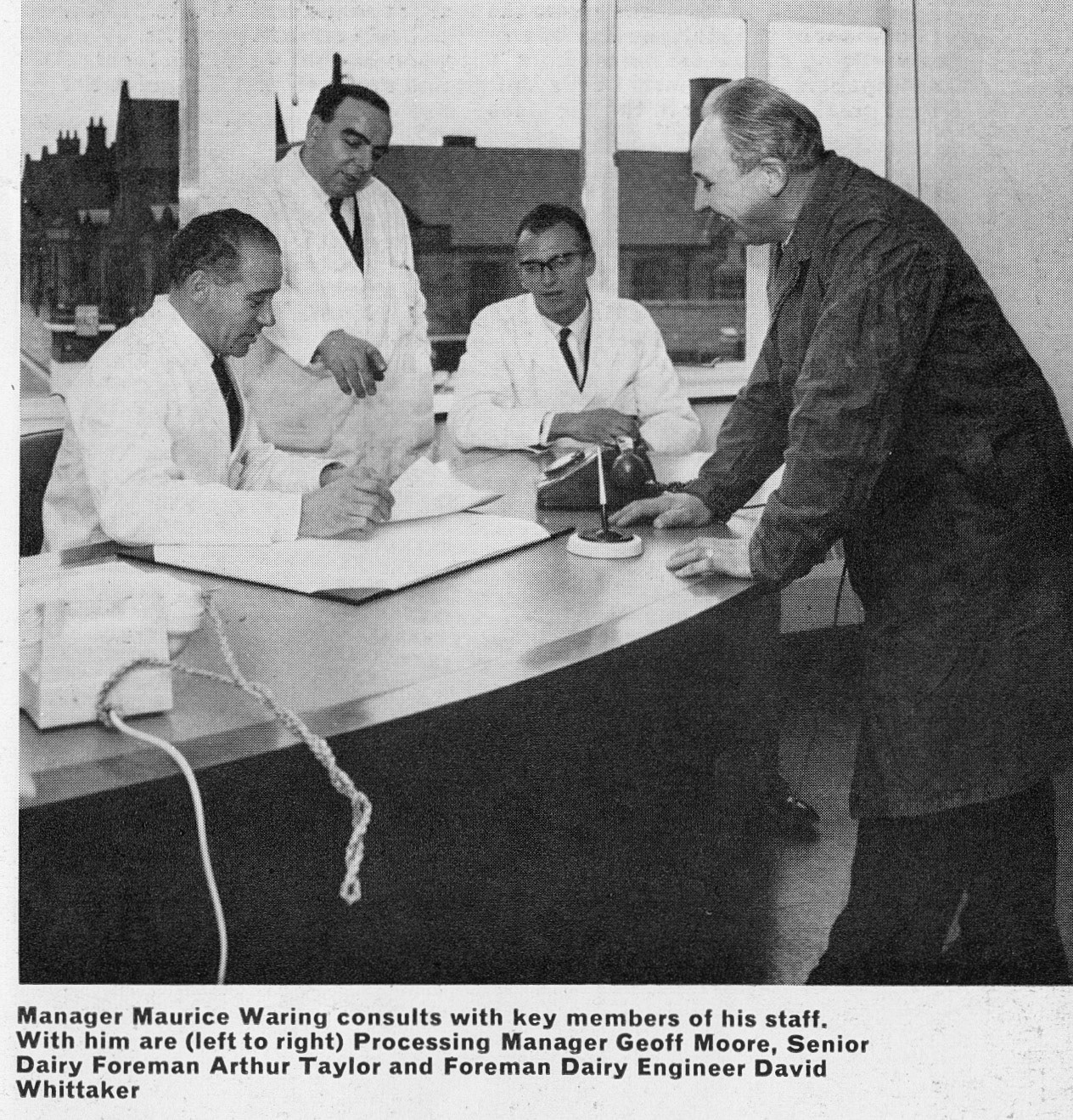 1968 Wakefield Manager Maurice Waring consults with Processing Manager Geoff Moore, Senior Dairy Foreman Arthur Taylor and Foreman Dairy Engineer David Whittaker. Mick Whittaker comments "David Whittaker, my dad. His funeral at St Andrews was packed with Express Dairy staff, so not much milk was bottled that day." Glennis Rodgers comments "... loved him, we had some good fun in those days and much laughter, I was Lab Supervisor." (Express News Summer)
