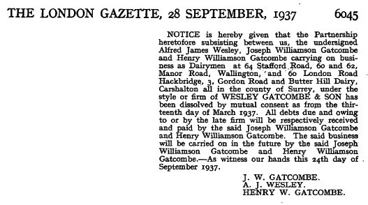 1937 Joseph and Henry Gatcombe bought out Alfred Wesley