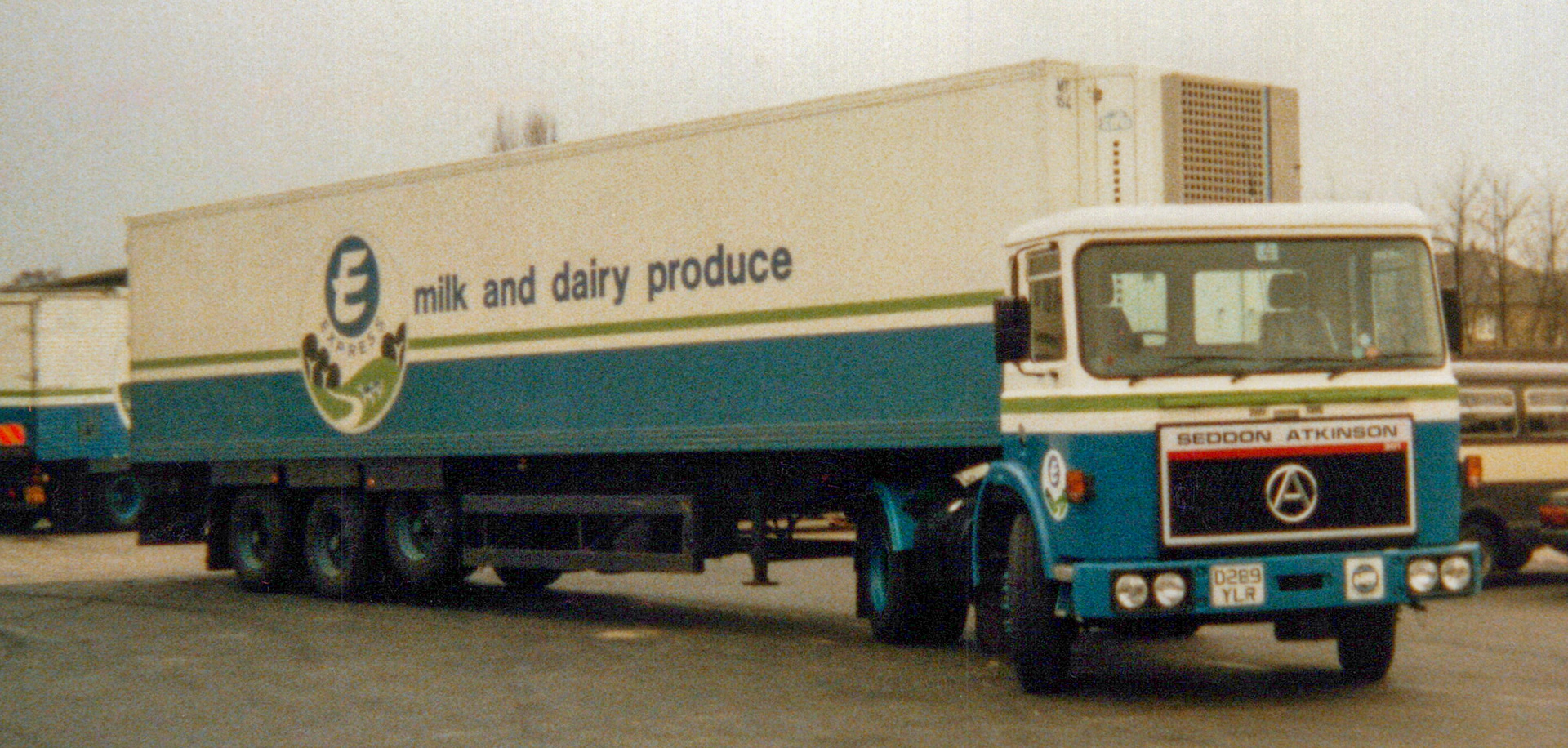 1987 Seddon Atkinson unit with 26 stillage trailer rear of South Morden dairy (Courtesy Dave Fane)