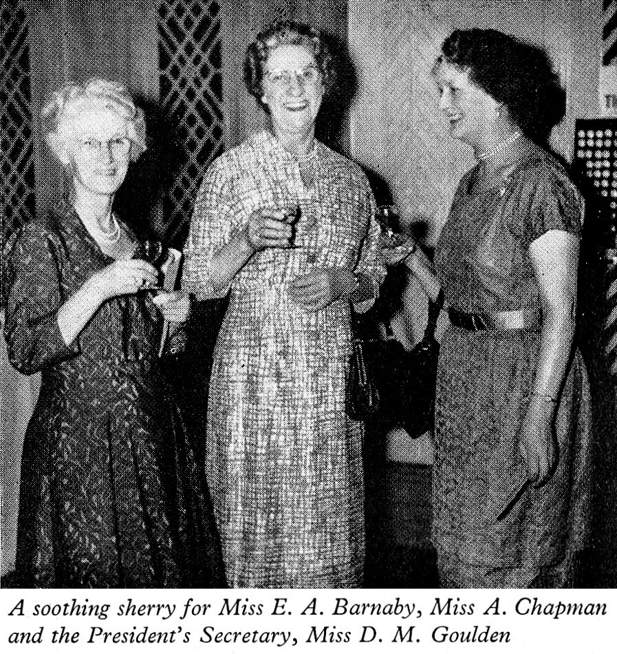 1961 Long Service Dinner at The Connaught Rooms, WC2- Chief Office staff Miss E.A. Barnaby, Miss A. Chapman, and Miss D.M. Goulden (President Walter Nell's Secretary). (LSA Annual Review)