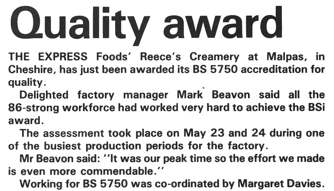 1989 Reece's creamery awarded BS 5750 accreditation