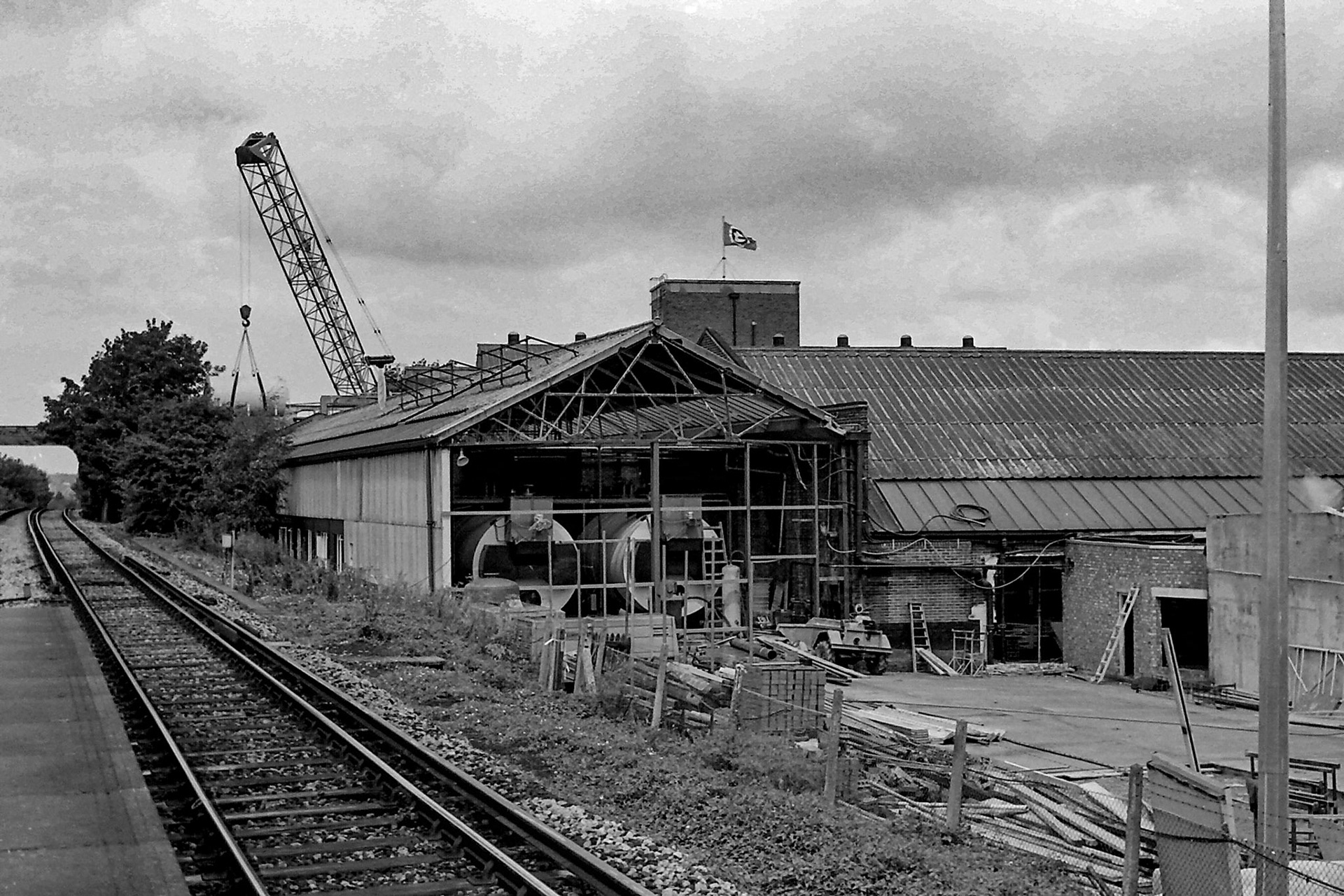 1979 South Morden-new boilerhouse construction, new boilers in situ. The centre section of the rail siding became the new engineers workshop, and the dairy end was the insulated ice tank.(Photographer Sam Jones)